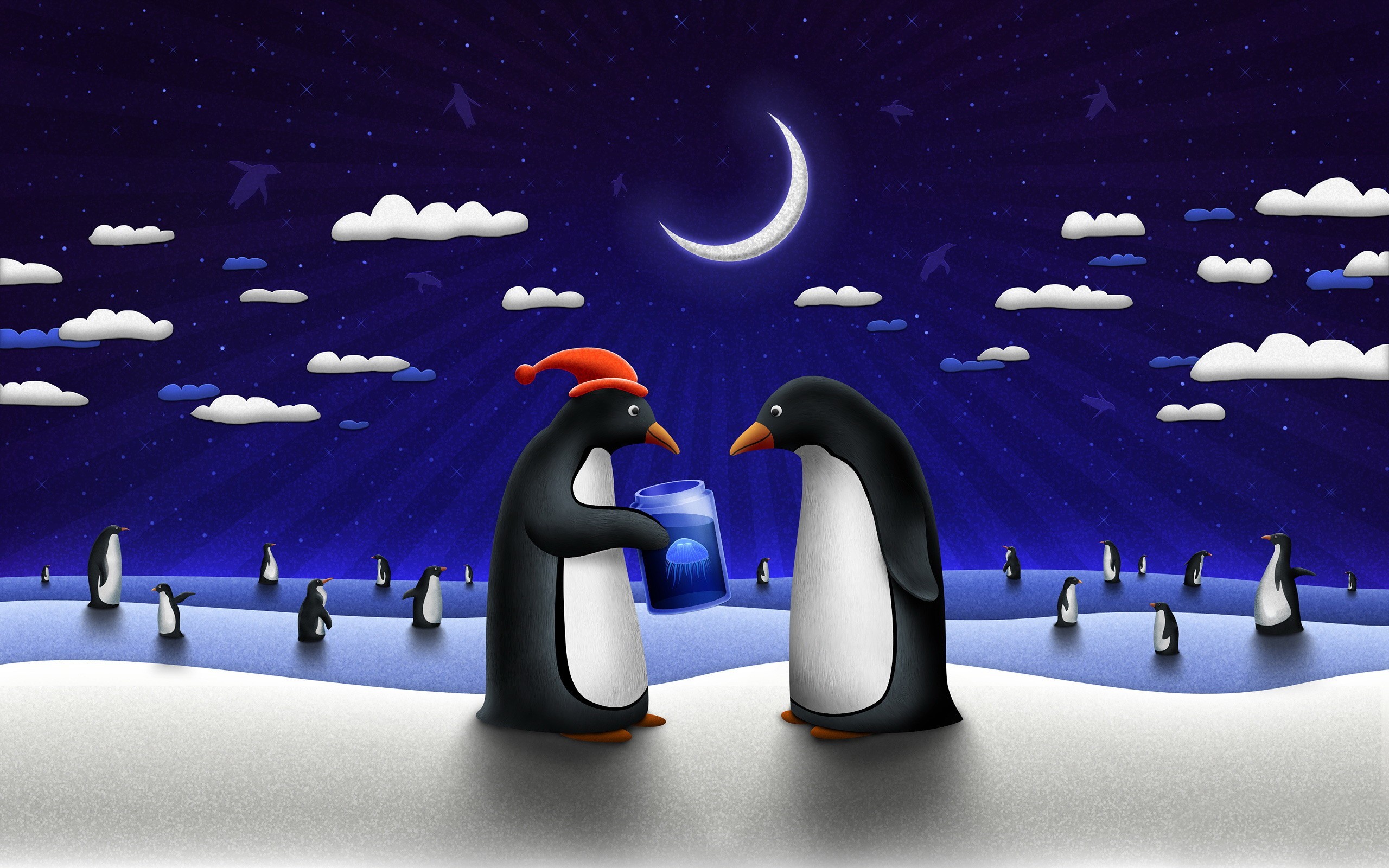 Обои новый год, медуза, подарок, пингвины, new year, medusa, gift, penguins разрешение 2560x1600 Загрузить