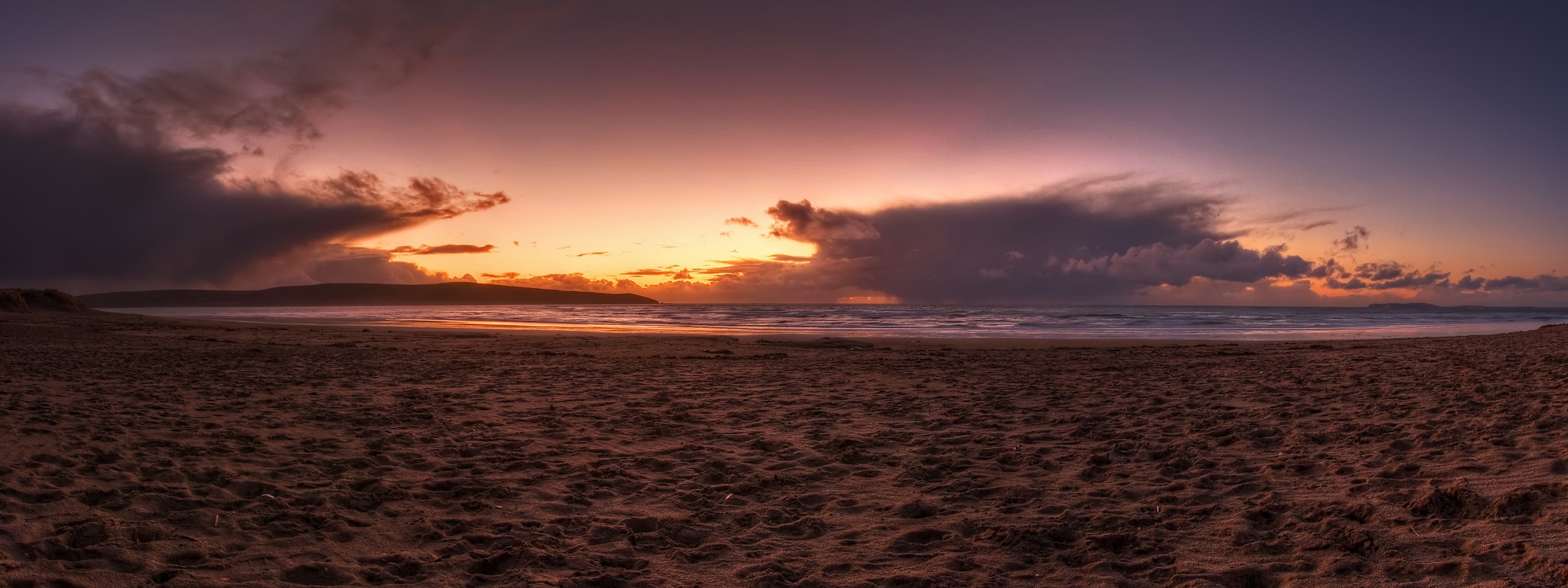Обои закат, море, песок, пляж, sunset, sea, sand, beach разрешение 3200x1200 Загрузить