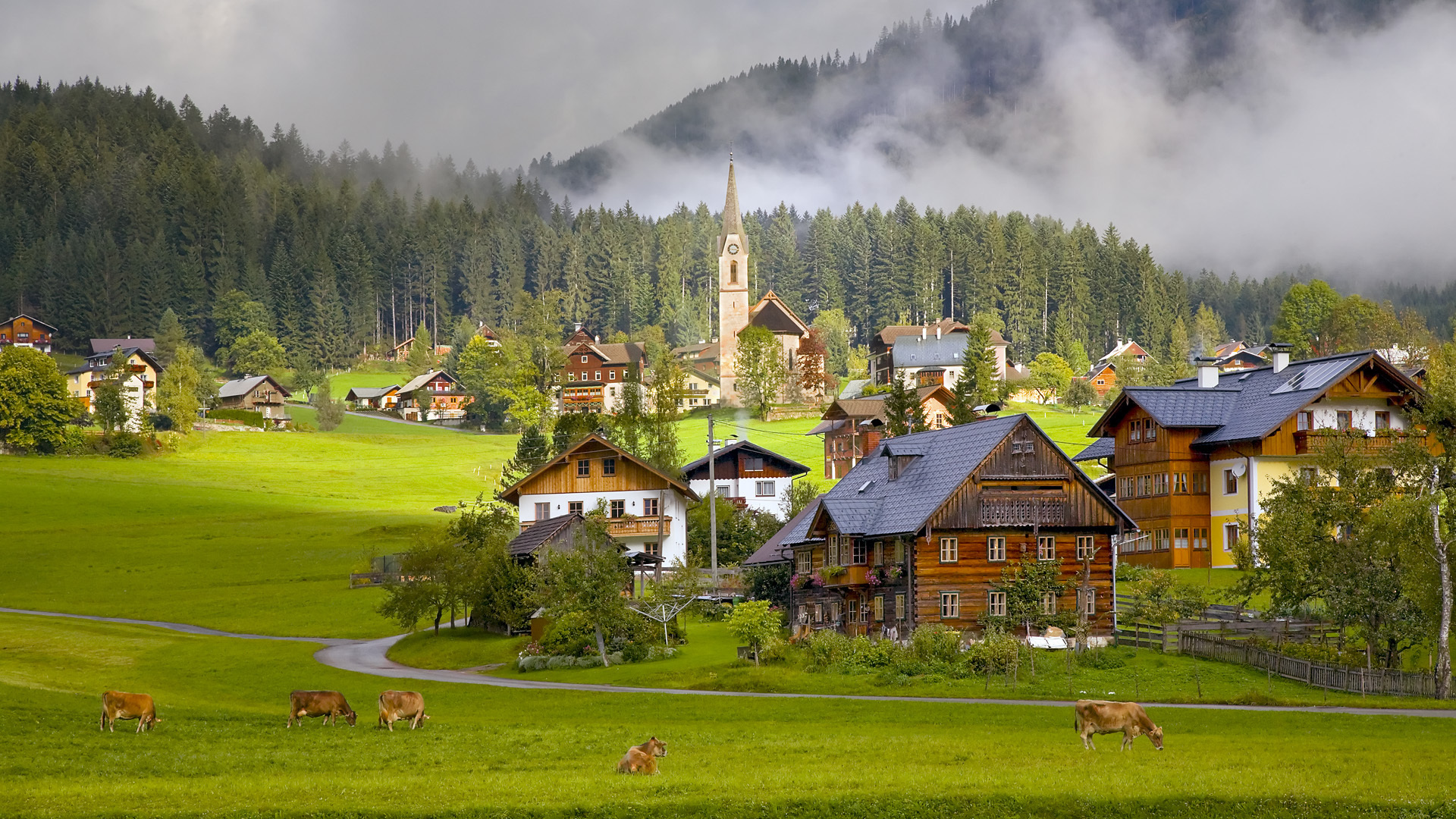 Обои горы, деревня, австрия, дома, альпы, коровы, mountains, village, austria, home, alps, cows разрешение 1920x1080 Загрузить