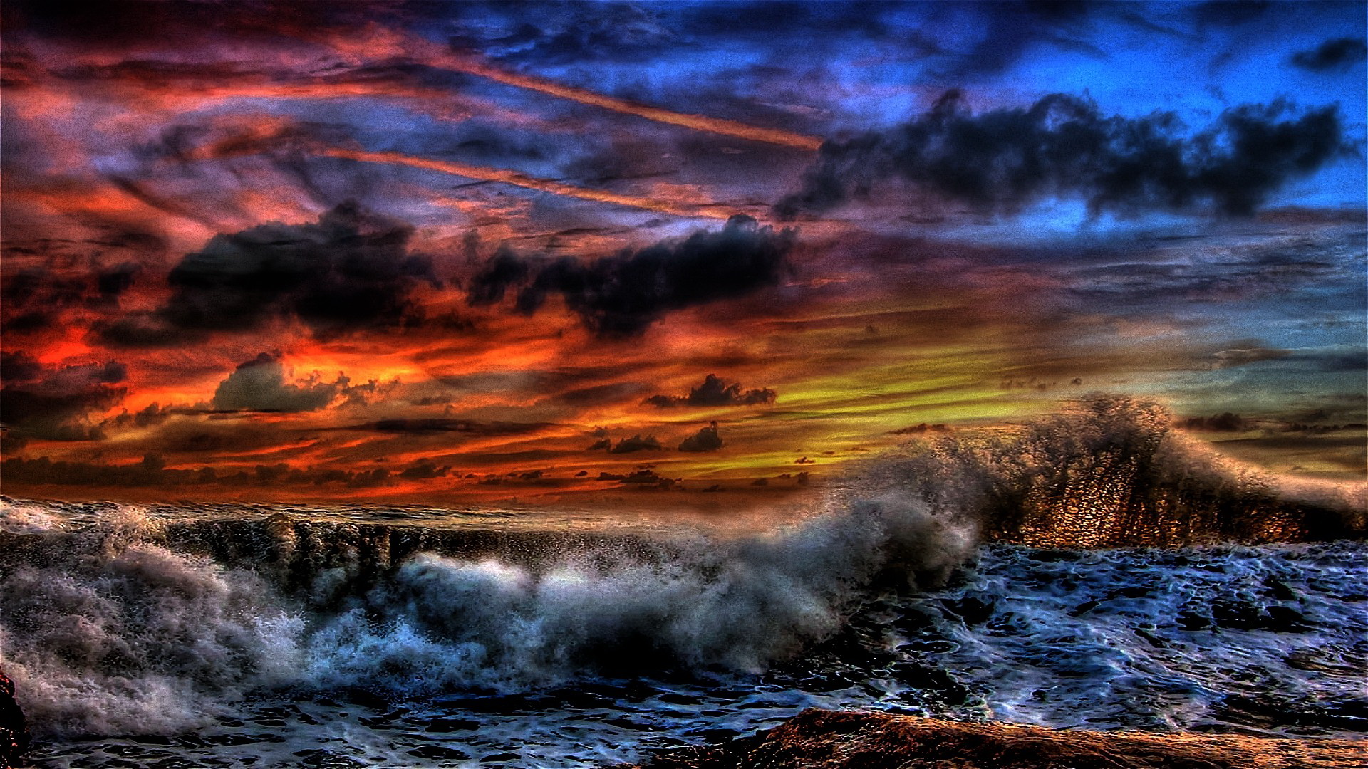 Обои волны, закат, тучи, море, гроза, шторм, wave, sunset, clouds, sea, the storm, storm разрешение 1920x1080 Загрузить