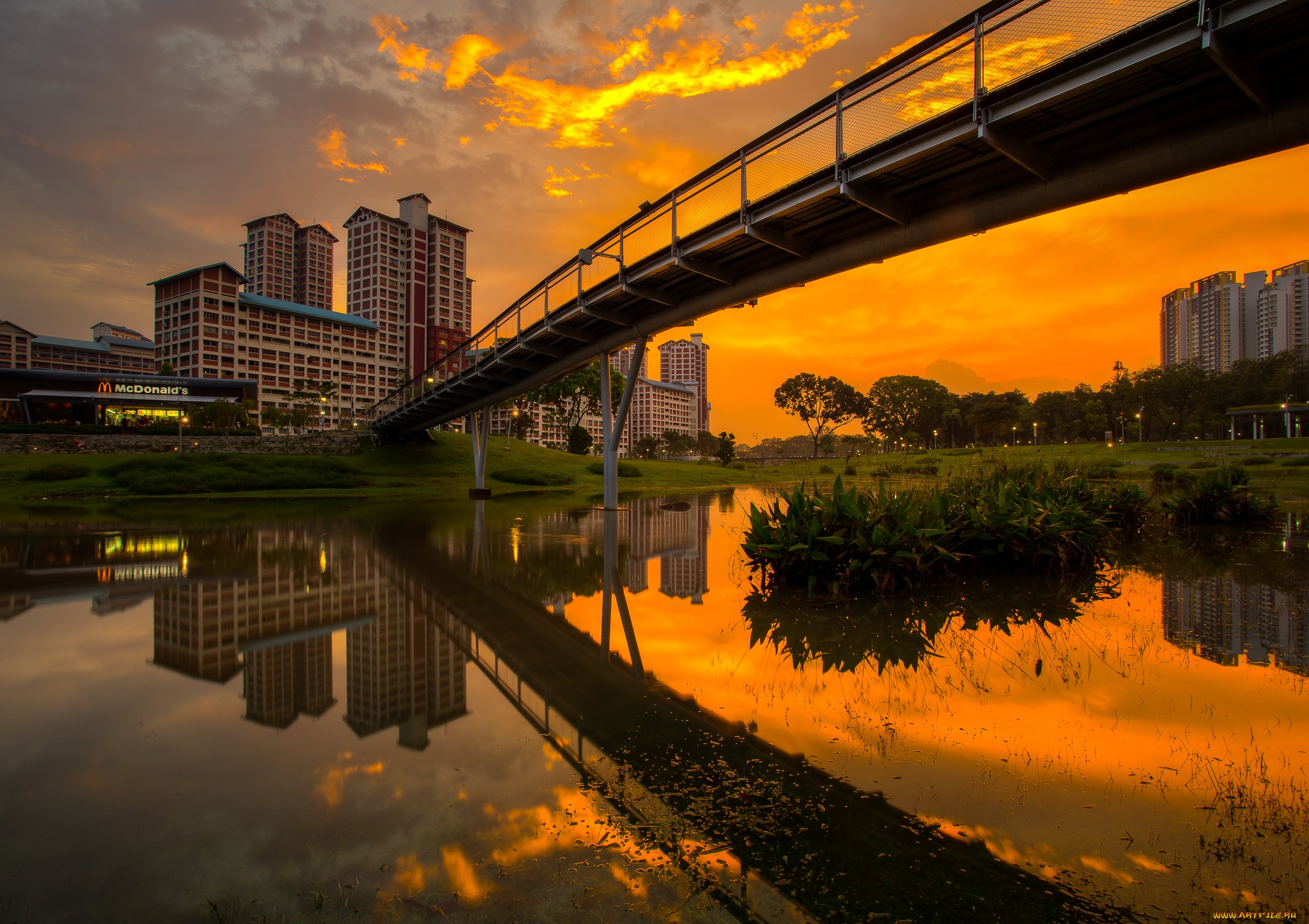 Обои закат, мост, сингапур, бишен парк, sunset, bridge, singapore, bishan park разрешение 2048x1446 Загрузить