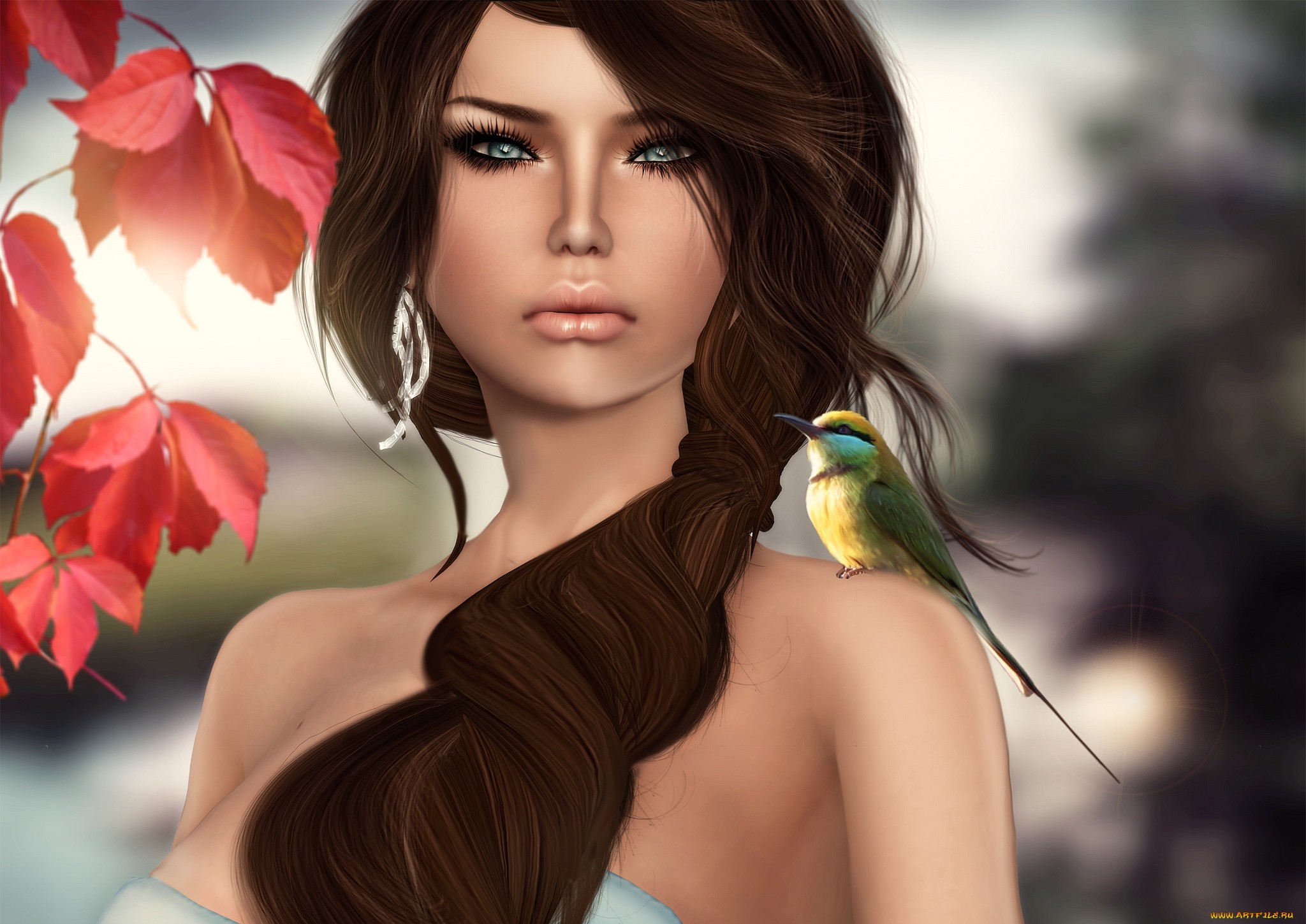 Обои арт, листья, девушка, птица, волосы, коса, art, leaves, girl, bird, hair, braid разрешение 2048x1449 Загрузить