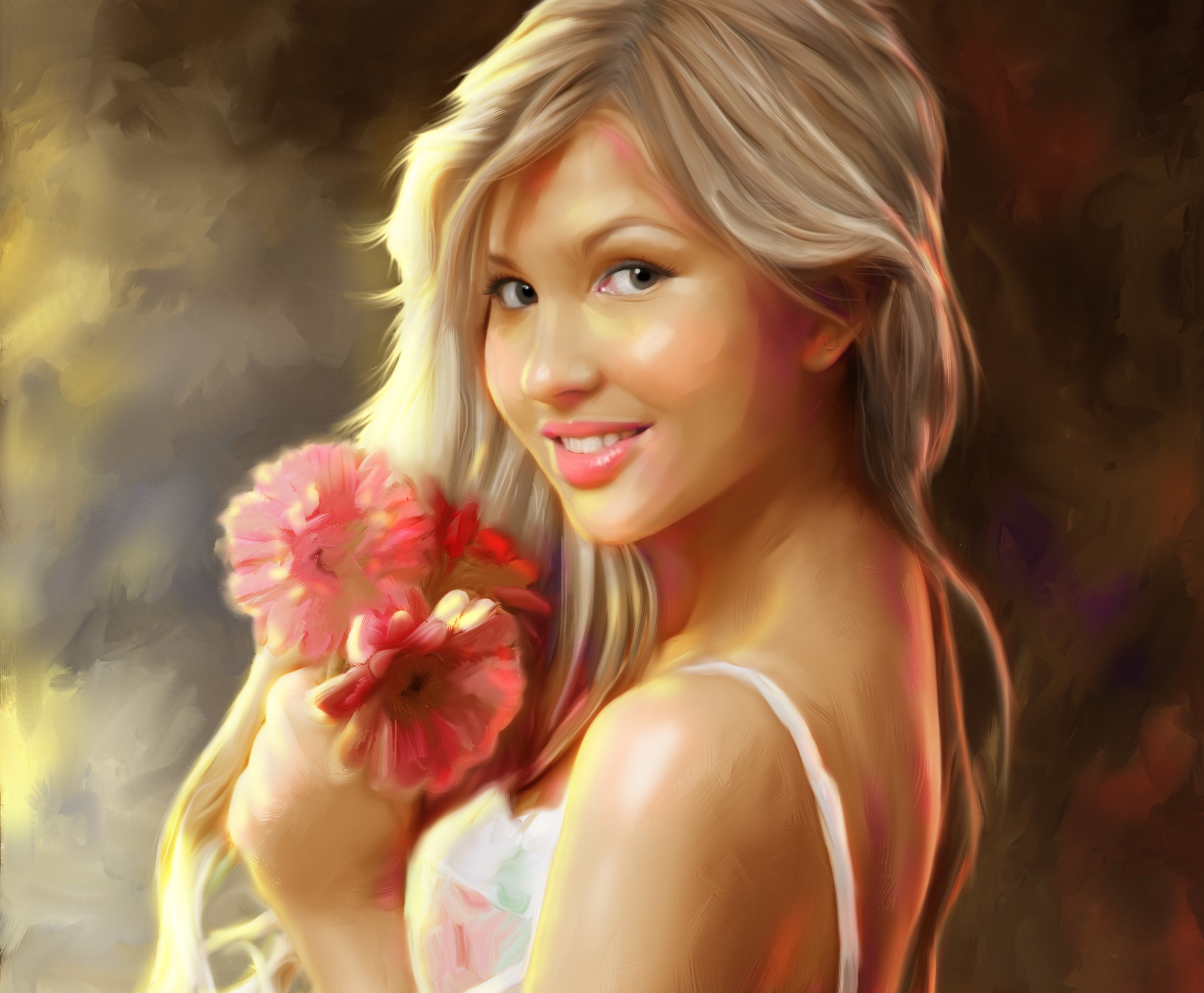 Обои цветы, арт, девушка, блондинка, улыбка, flowers, art, girl, blonde, smile разрешение 2842x2344 Загрузить