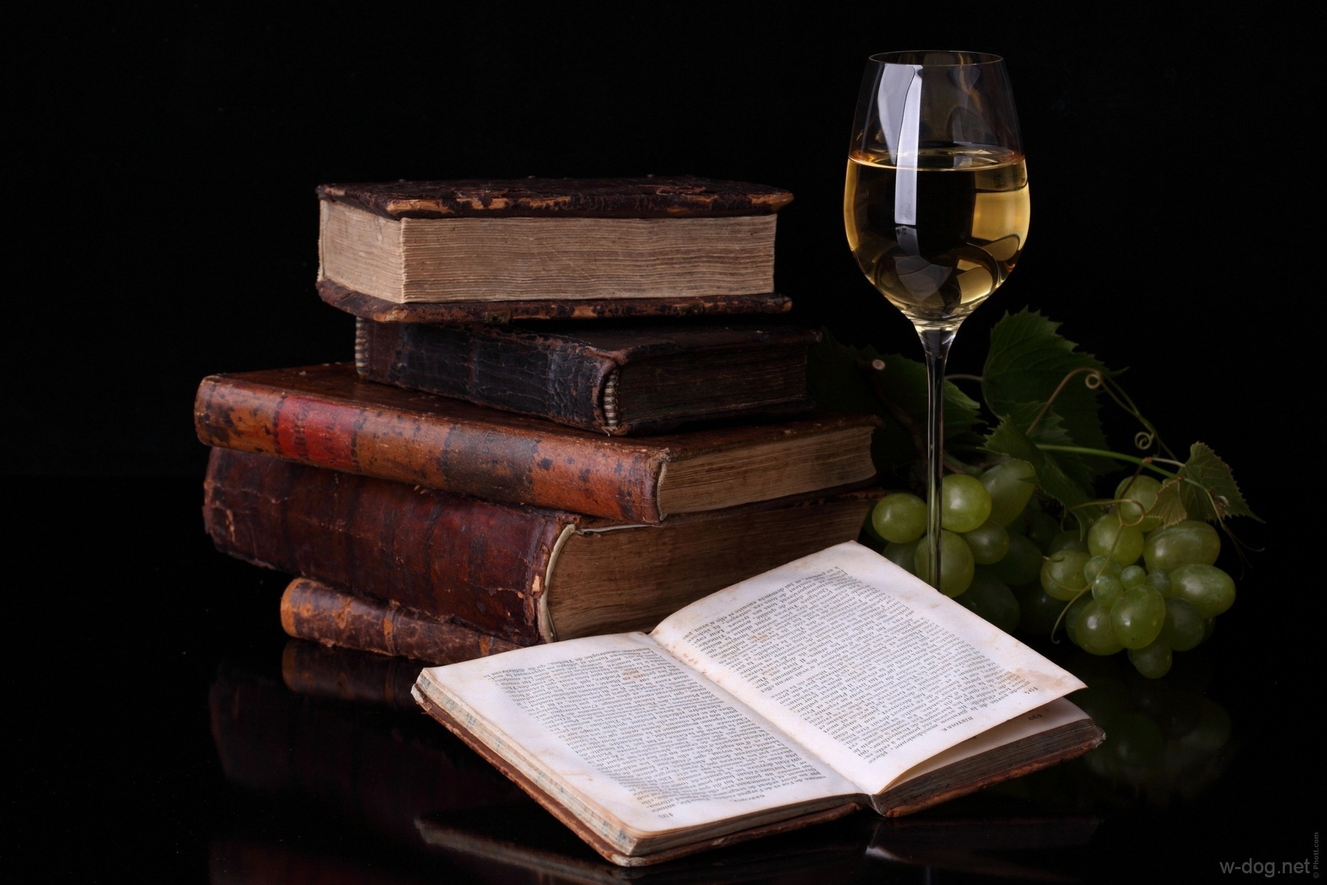Обои отражение, виноград, книги, бокал, вино, белое, натюрморт, reflection, grapes, books, glass, wine, white, still life разрешение 1920x1280 Загрузить