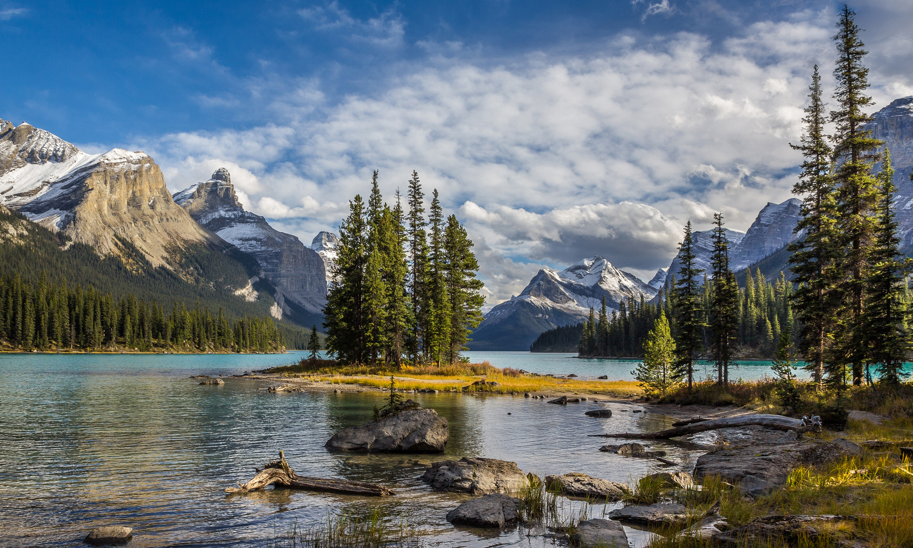 Обои деревья, озеро, пейзаж, национальный парк джаспер, maligne lake, trees, lake, landscape, jasper national park разрешение 3003x1805 Загрузить