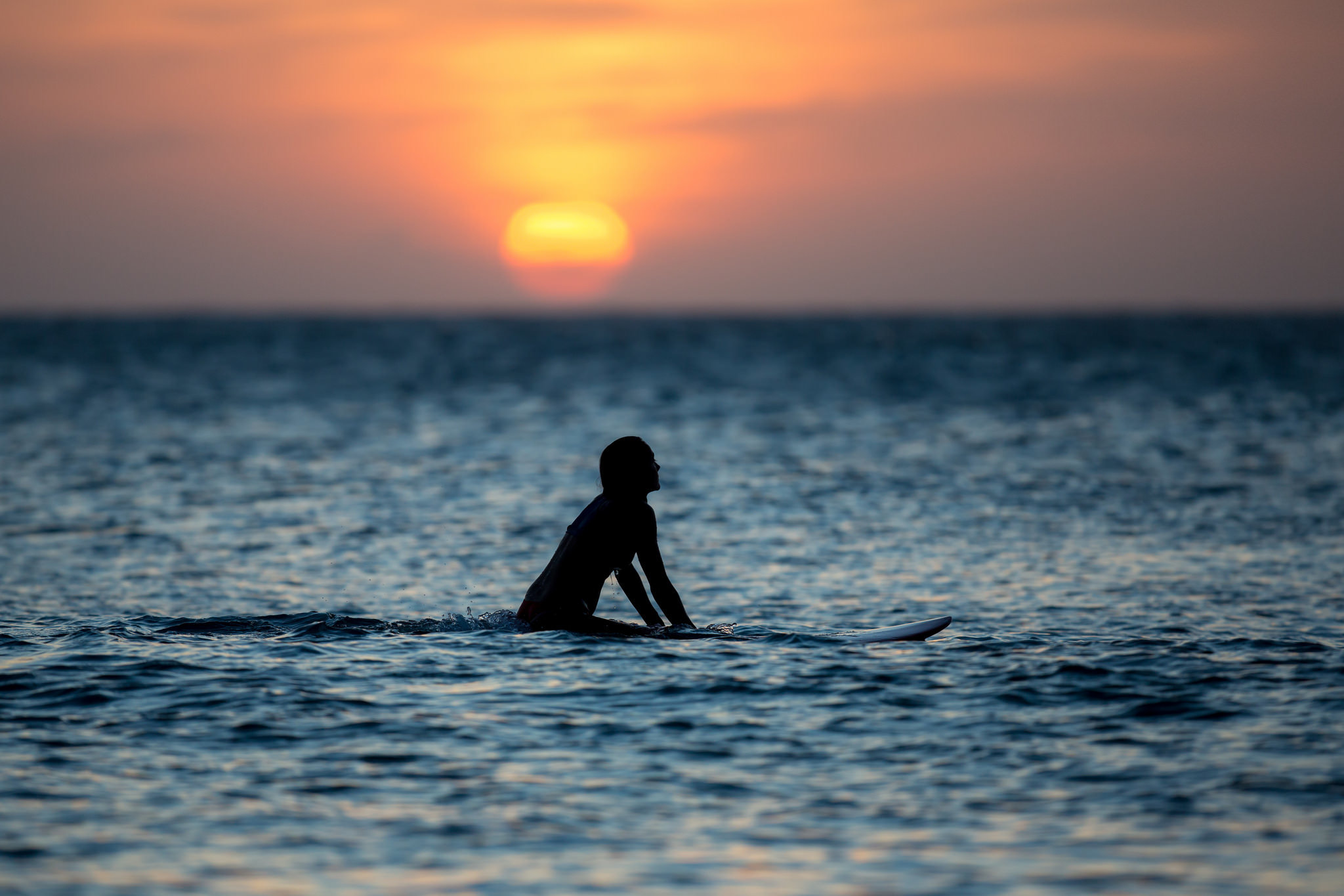Обои вода, закат, девушка, море, силуэт, серфинг, water, sunset, girl, sea, silhouette, surfing разрешение 2048x1365 Загрузить