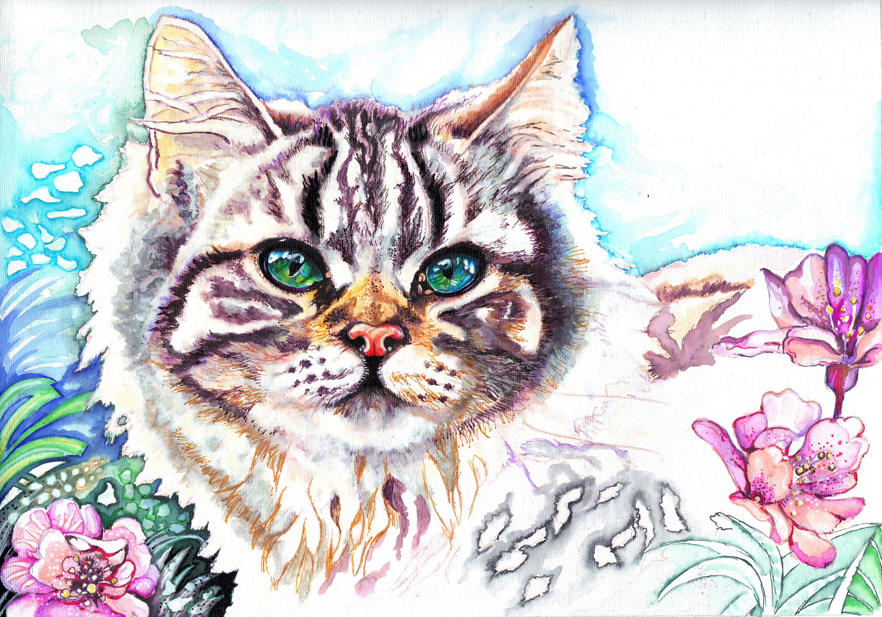 Обои цветы, christina papagianni, кот, мордочка, взгляд, животное, уши, зеленые глаза, живопись, flowers, cat, muzzle, look, animal, ears, green eyes, painting разрешение 2880x2016 Загрузить