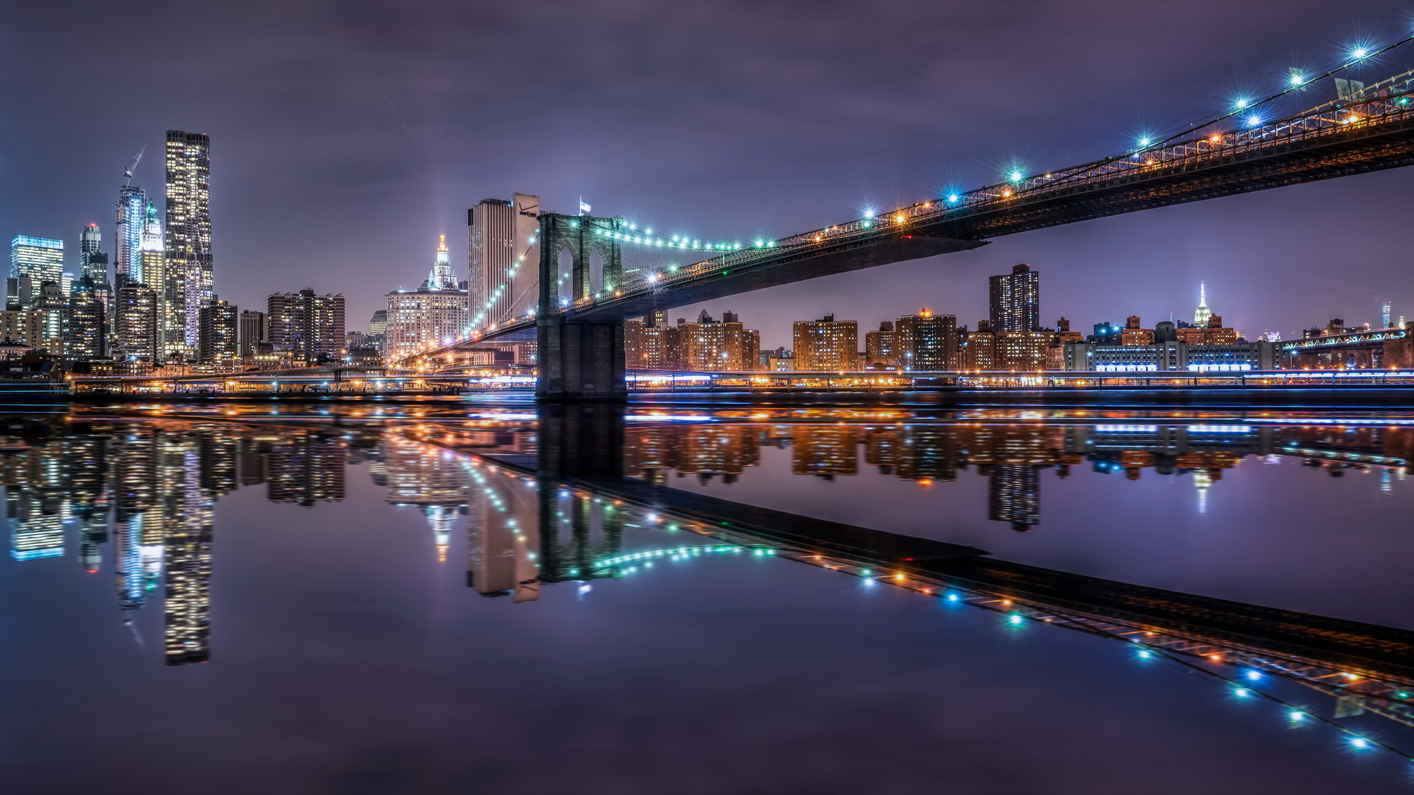 Обои ночь, город, сша, нью-йорк, бруклинский мост, night, the city, usa, new york, brooklyn bridge разрешение 2048x1152 Загрузить