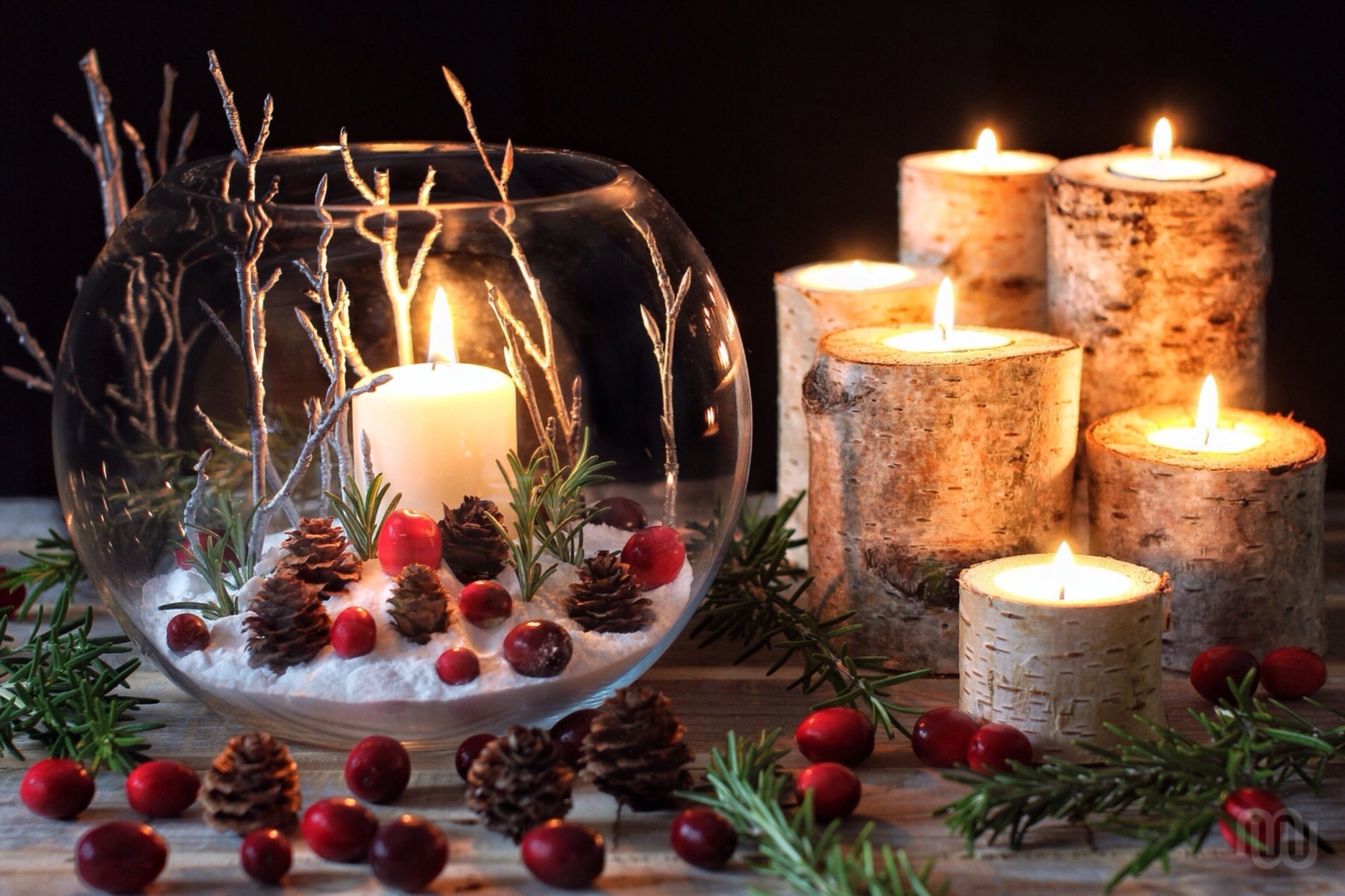 Обои свечи, ветки, шишки, композиция, клюква, candles, branches, bumps, composition, cranberry разрешение 1920x1280 Загрузить