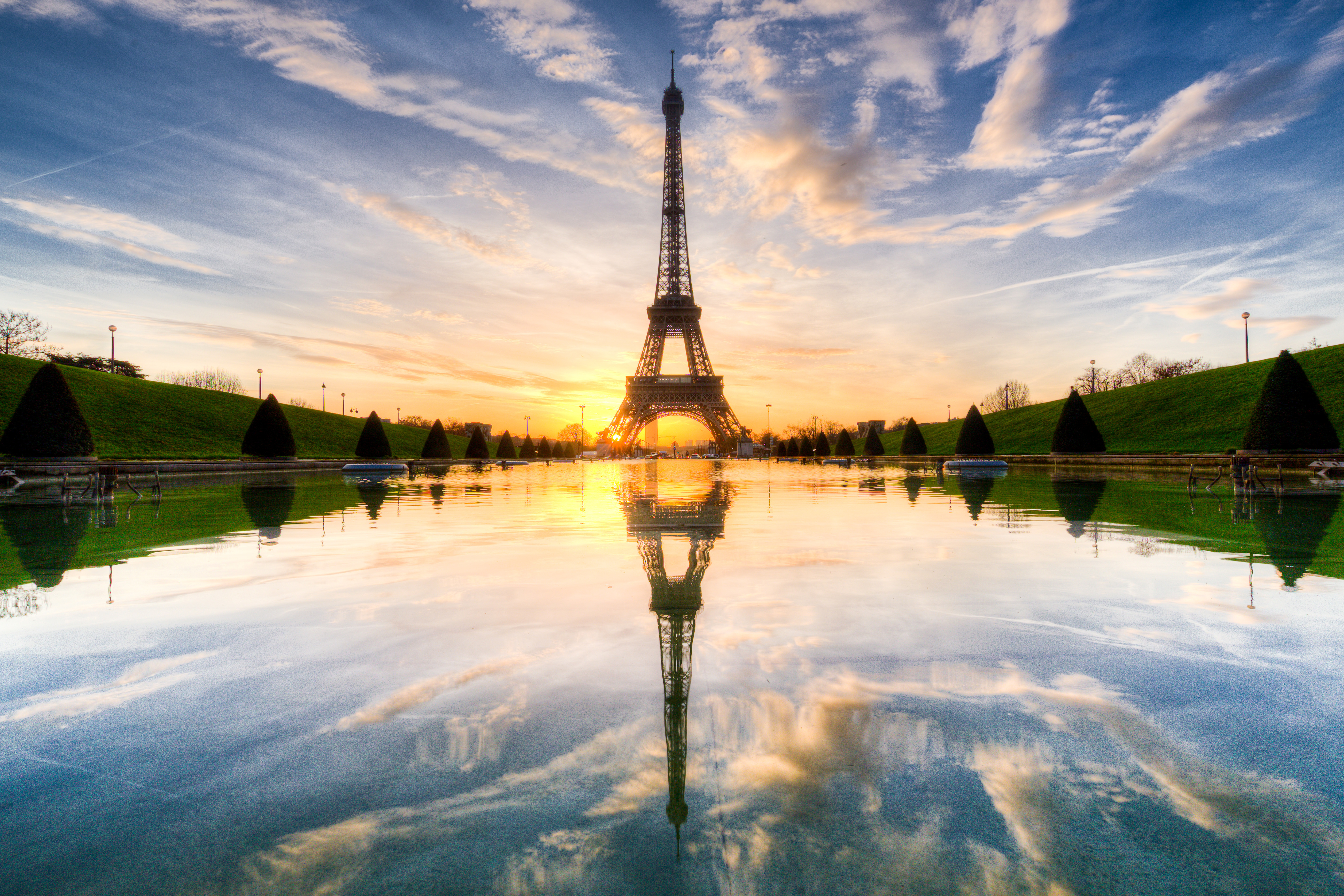 Обои закат, отражение, париж, франция, зарево, эйфелева башня, sunset, reflection, paris, france, glow, eiffel tower разрешение 5029x3353 Загрузить