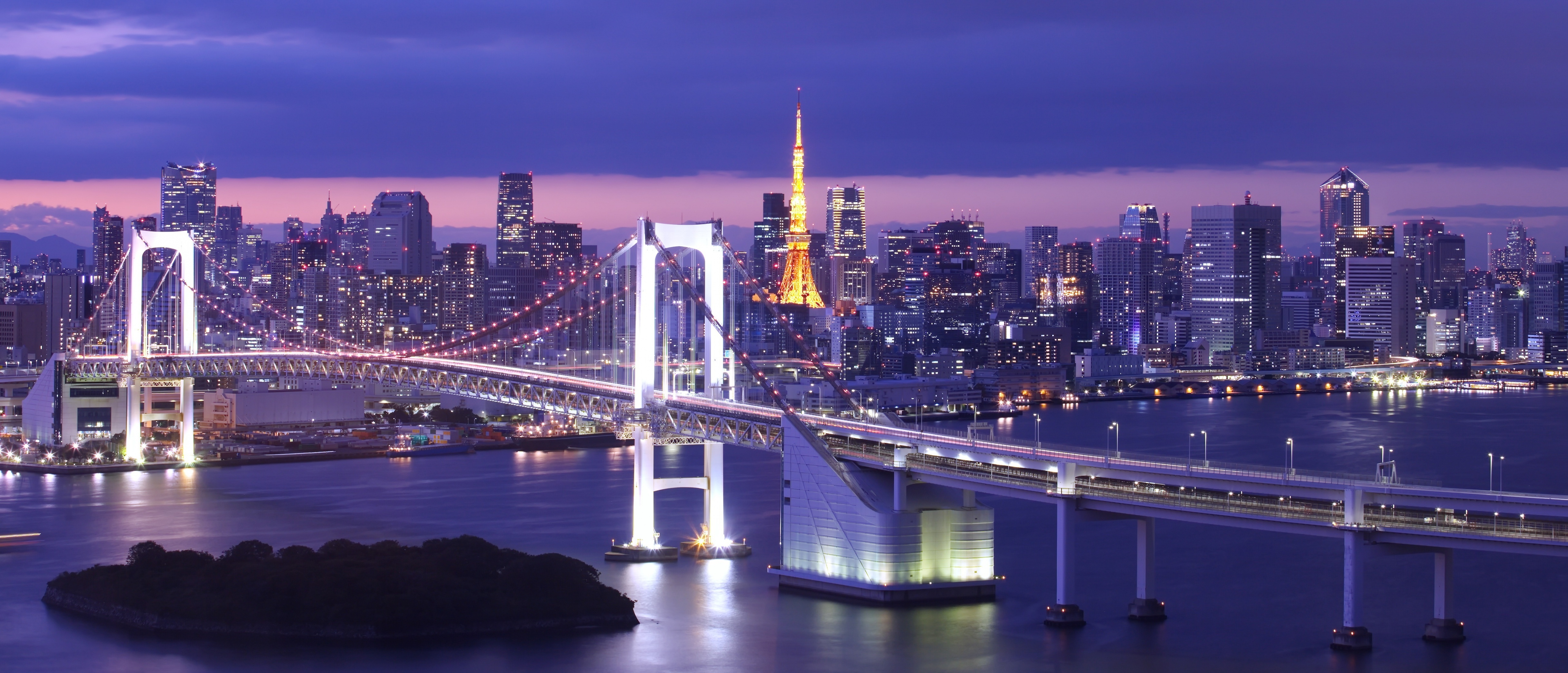 Обои город, япония, островок, японии, токио, радужный мост, токийский залив, the city, japan, island, tokyo, rainbow bridge, tokyo bay разрешение 5120x2197 Загрузить