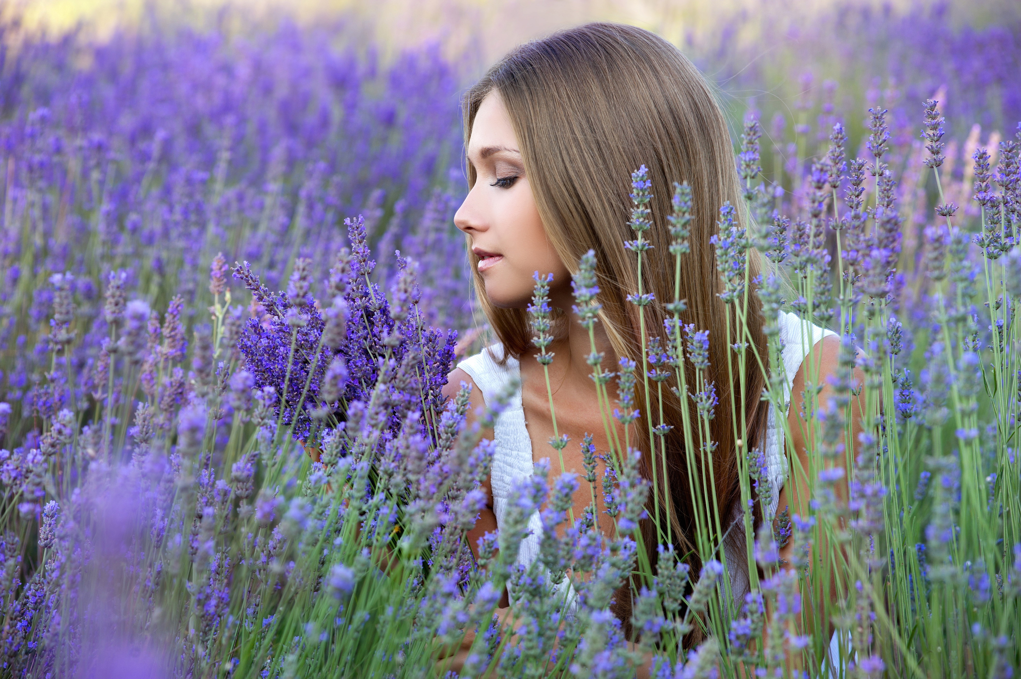 Обои цветы, девушка, поле, лаванда, профиль, волосы, flowers, girl, field, lavender, profile, hair разрешение 4000x2661 Загрузить