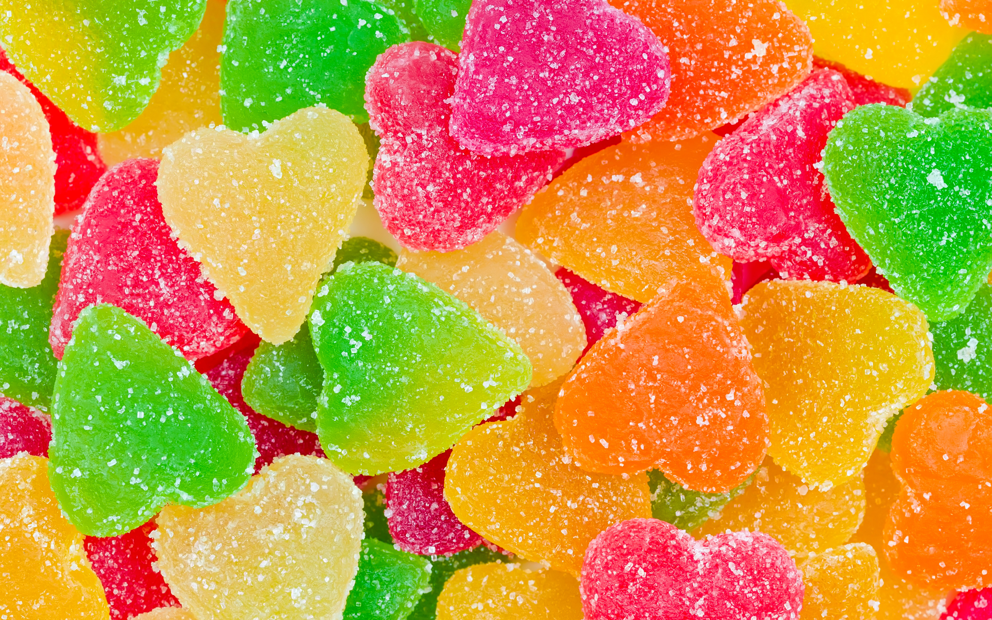 Обои разноцветные, конфеты, разноцветный, сердца, сладкое, яркий, мармелад, colorful, candy, heart, sweet, bright, marmalade разрешение 3840x2400 Загрузить