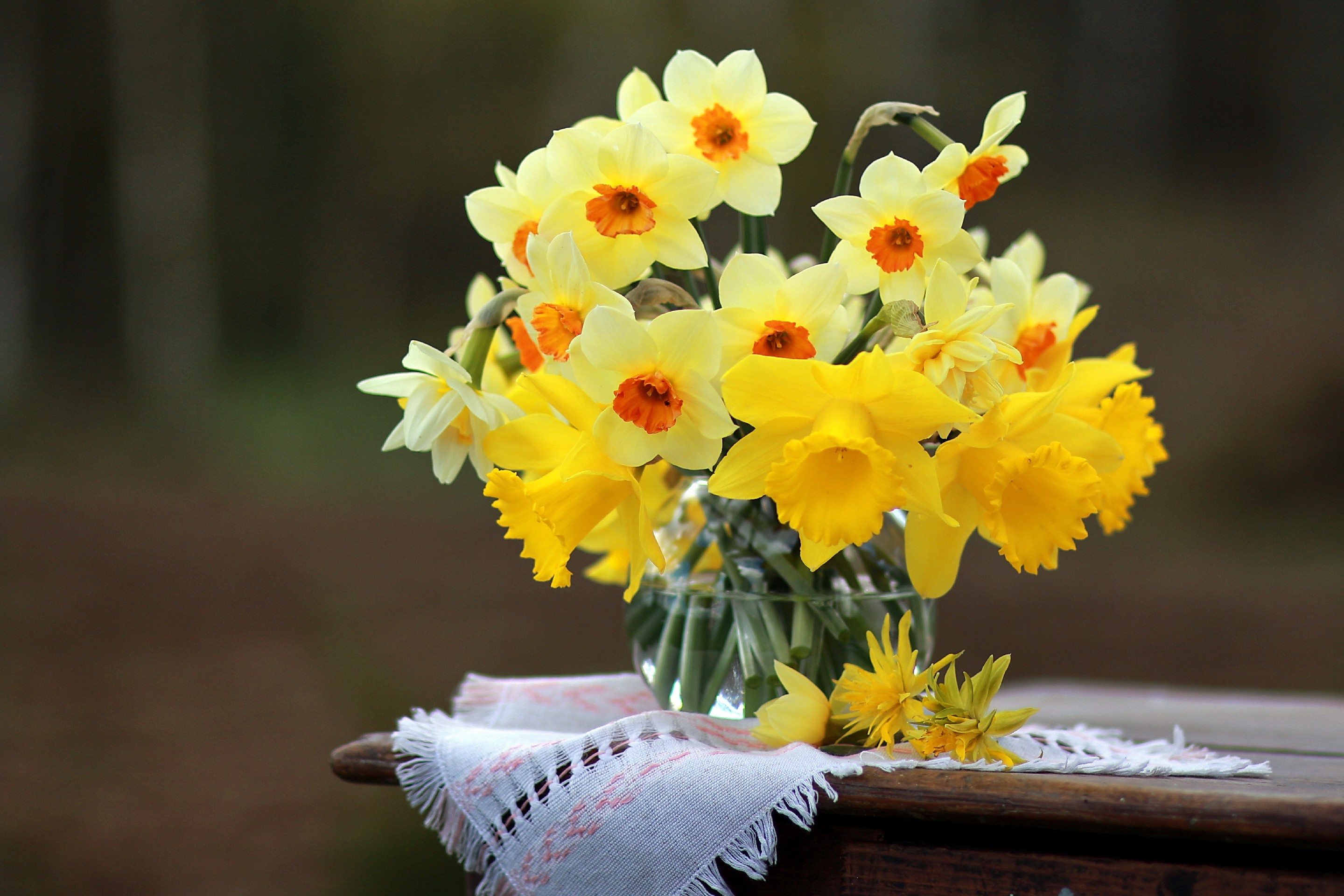 Обои цветы, стол, весна, ваза, салфетка, нарциссы, flowers, table, spring, vase, napkin, daffodils разрешение 2880x1920 Загрузить