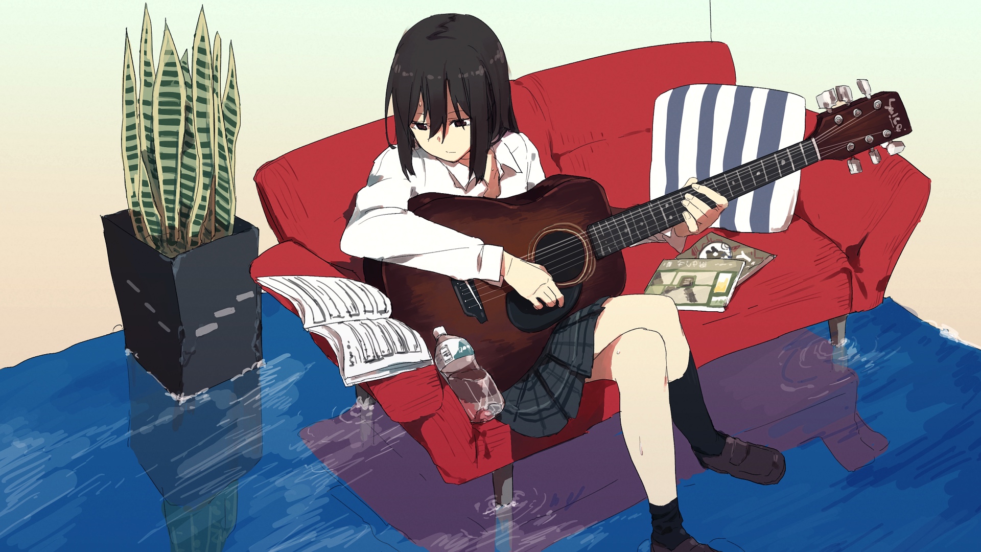 Обои вода, девушка, гитара, взгляд, аниме, волосы, лицо, диван, water, girl, guitar, look, anime, hair, face, sofa разрешение 1920x1080 Загрузить