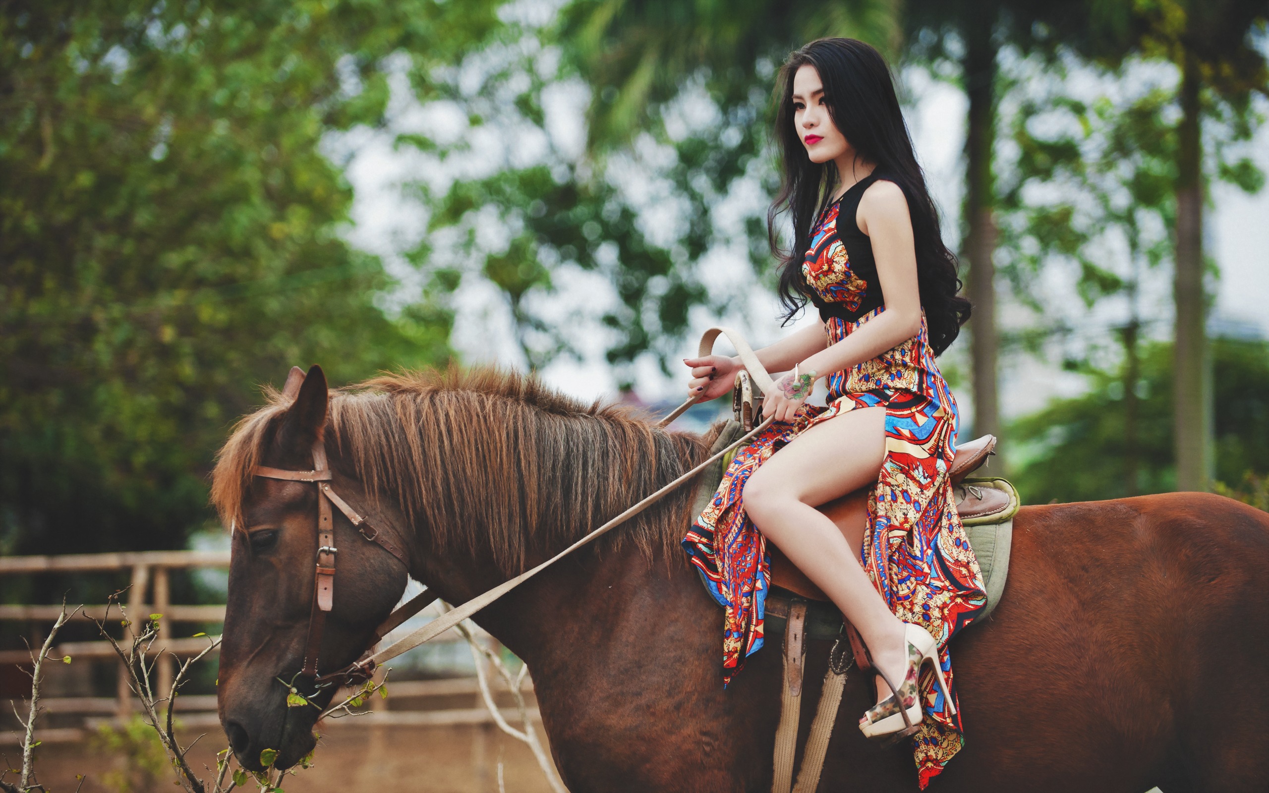 Обои лошадь, девушка, платье, поза, брюнетка, модель, ножки, конь, грива, mane, horse, girl, dress, pose, brunette, model, legs разрешение 2560x1600 Загрузить