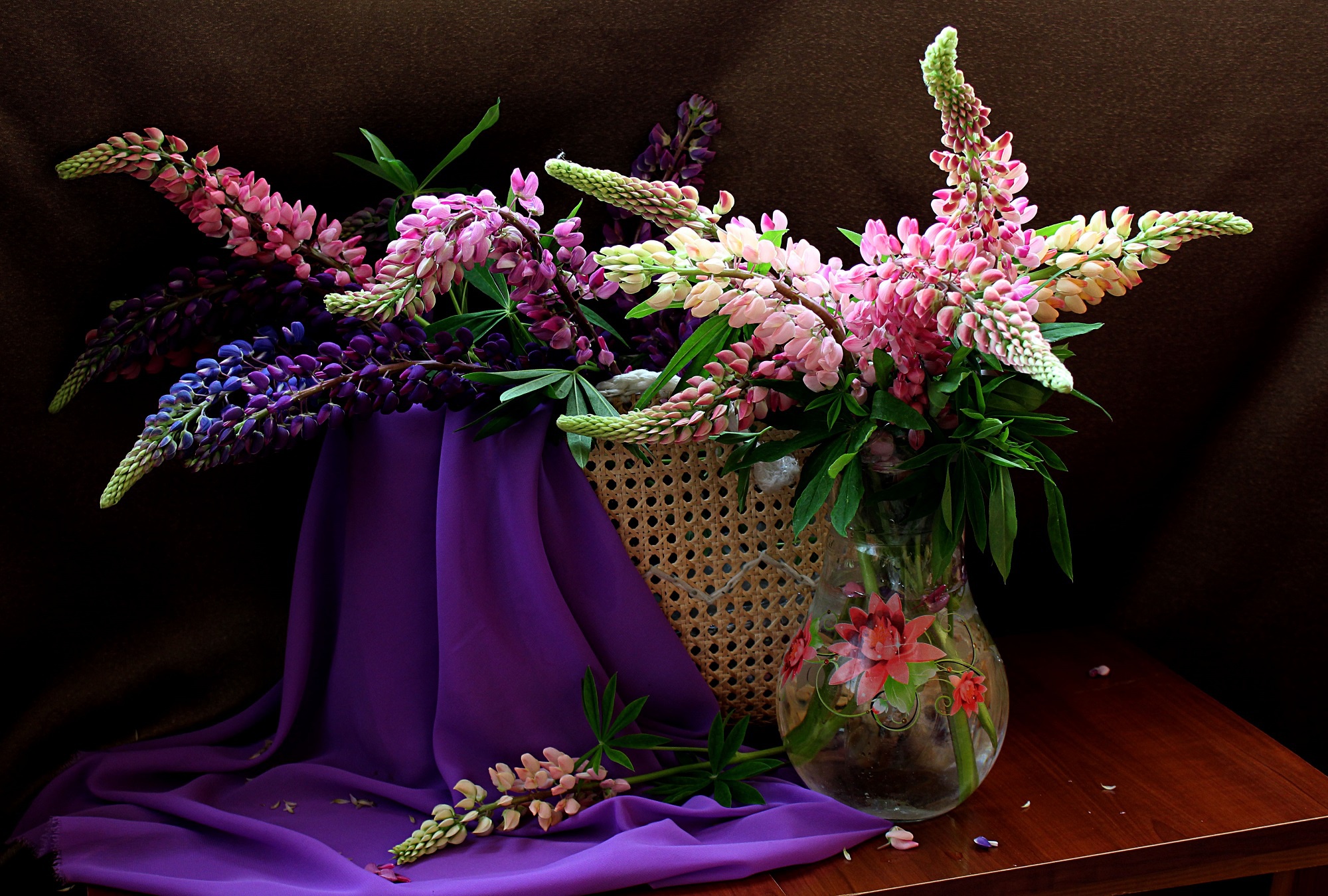 Обои цветы, лето, букет, натюрморт, люпины, flowers, summer, bouquet, still life, lupins разрешение 2000x1350 Загрузить