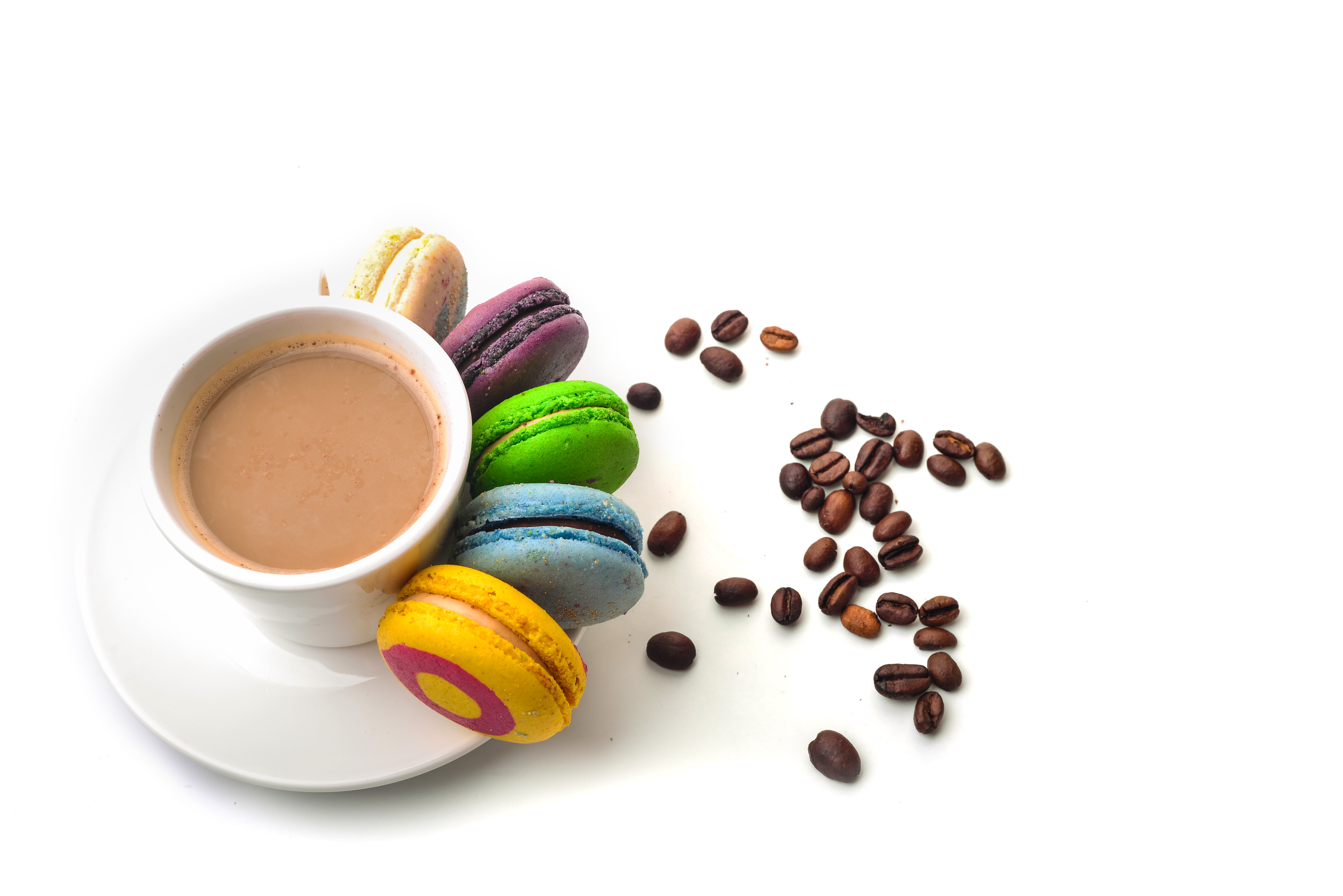 Обои кофе, кружка, макаруны, галеты, coffee, mug, macaroon, biscuits разрешение 6016x4016 Загрузить