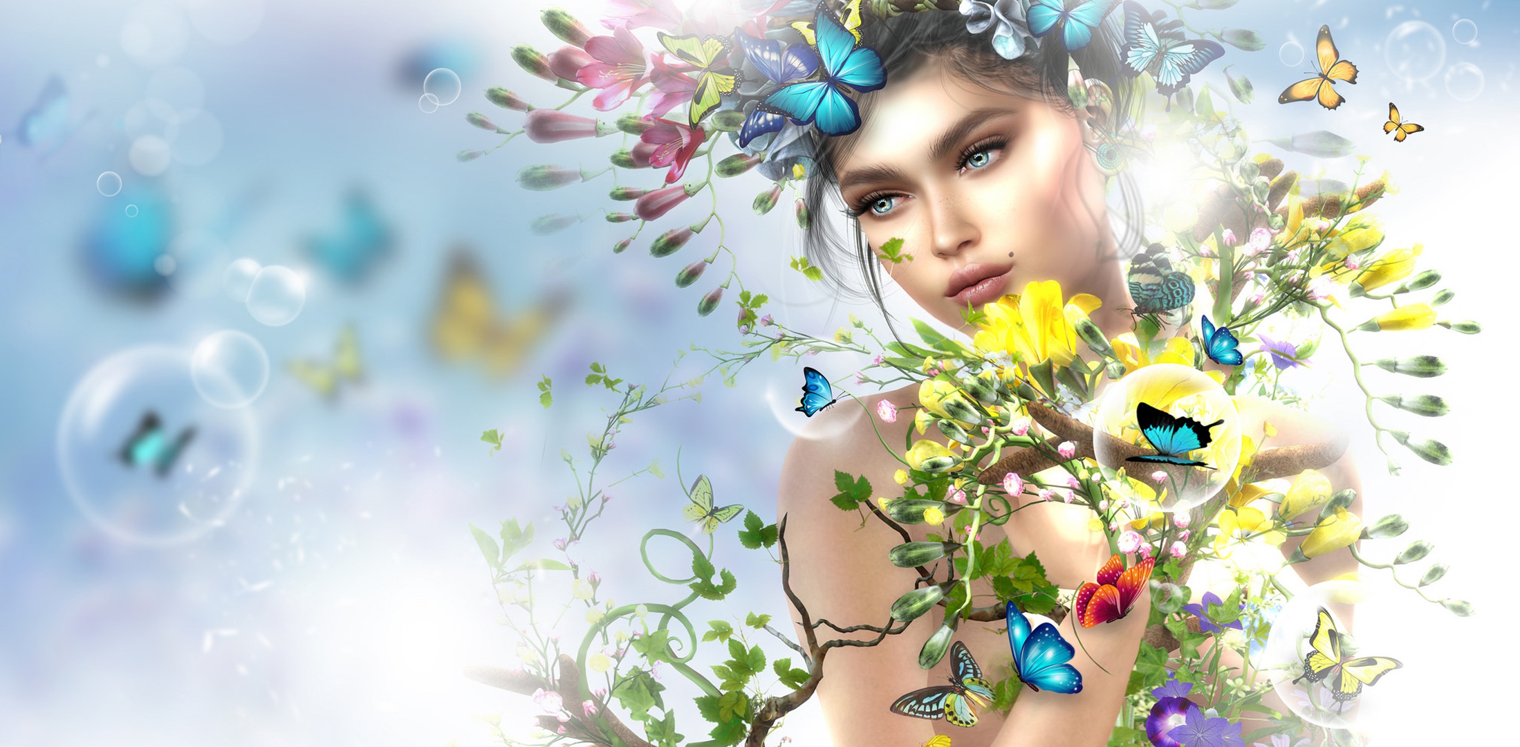 Обои цветы, арт, девушка, взгляд, весна, лицо, бабочки, flowers, art, girl, look, spring, face, butterfly разрешение 2198x1080 Загрузить