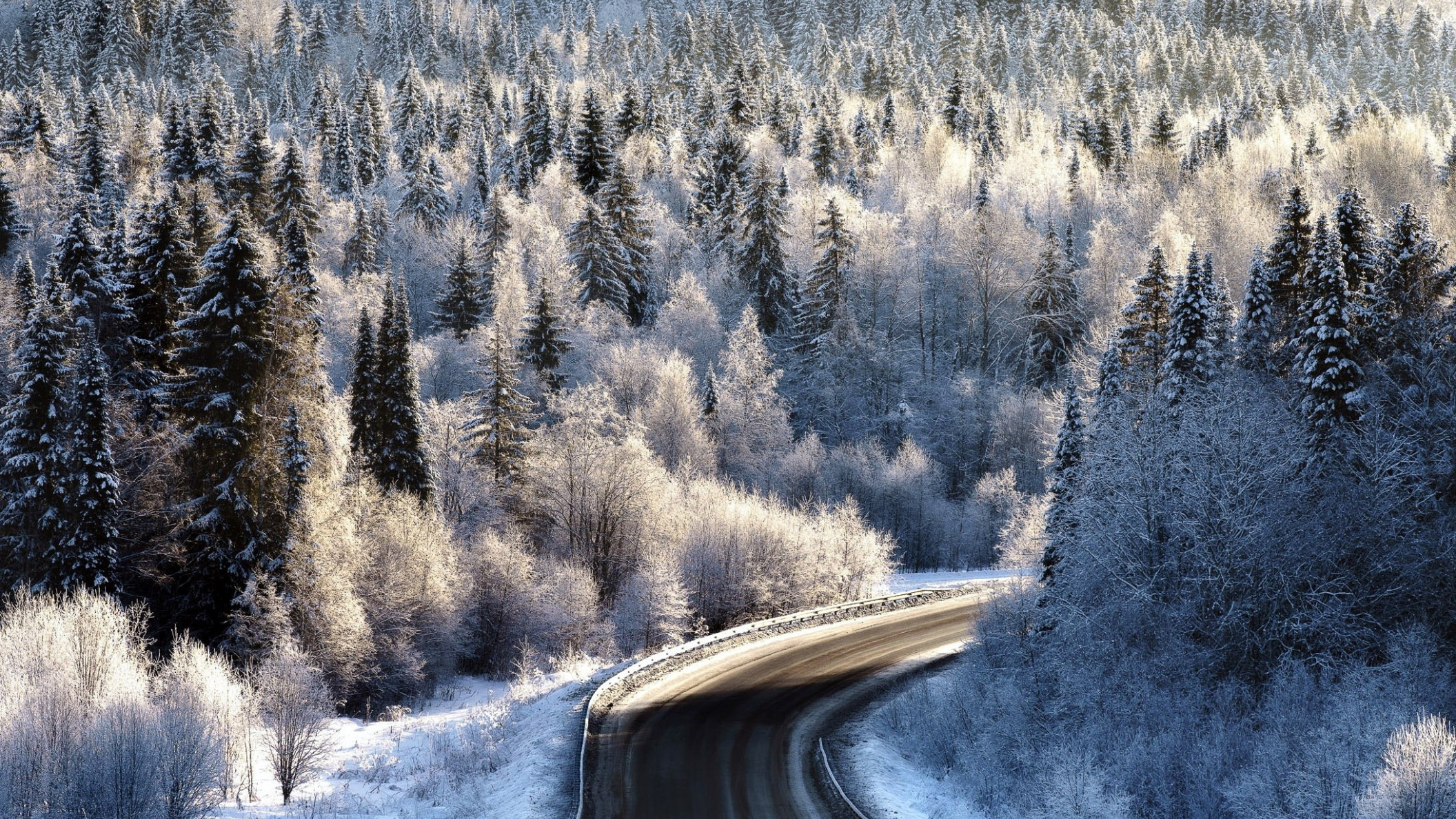 Обои дорога, лес, зима, иней, road, forest, winter, frost разрешение 2112x1188 Загрузить