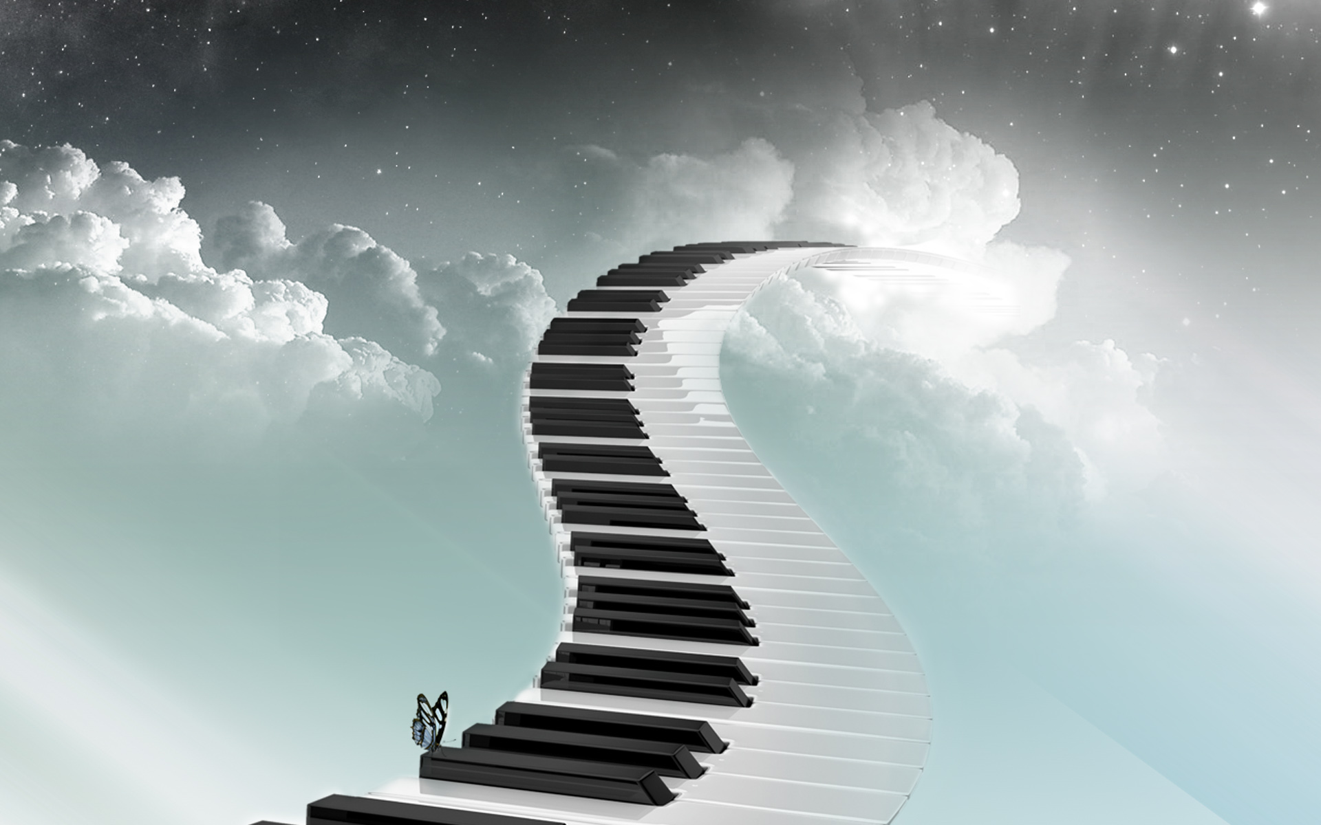 Обои небо, настроение, музыка, мелодия, бабочка, клавиши, the sky, mood, music, melody, butterfly, keys разрешение 1920x1200 Загрузить