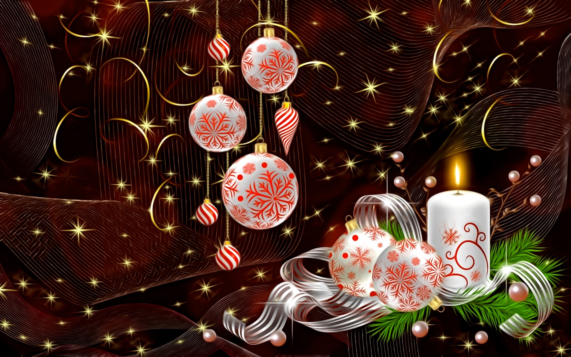 Обои свет, рождество, новый год, елочные украшения, рендеринг, завитушки, жемчужные бусины, темный фон, золотистые искры, картинка, лента, свеча, праздник, light, christmas, new year, christmas decorations, curls, rendering, pearl beads, the dark background, golden sparks, picture, tape, candle, holiday разрешение 1950x1220 Загрузить
