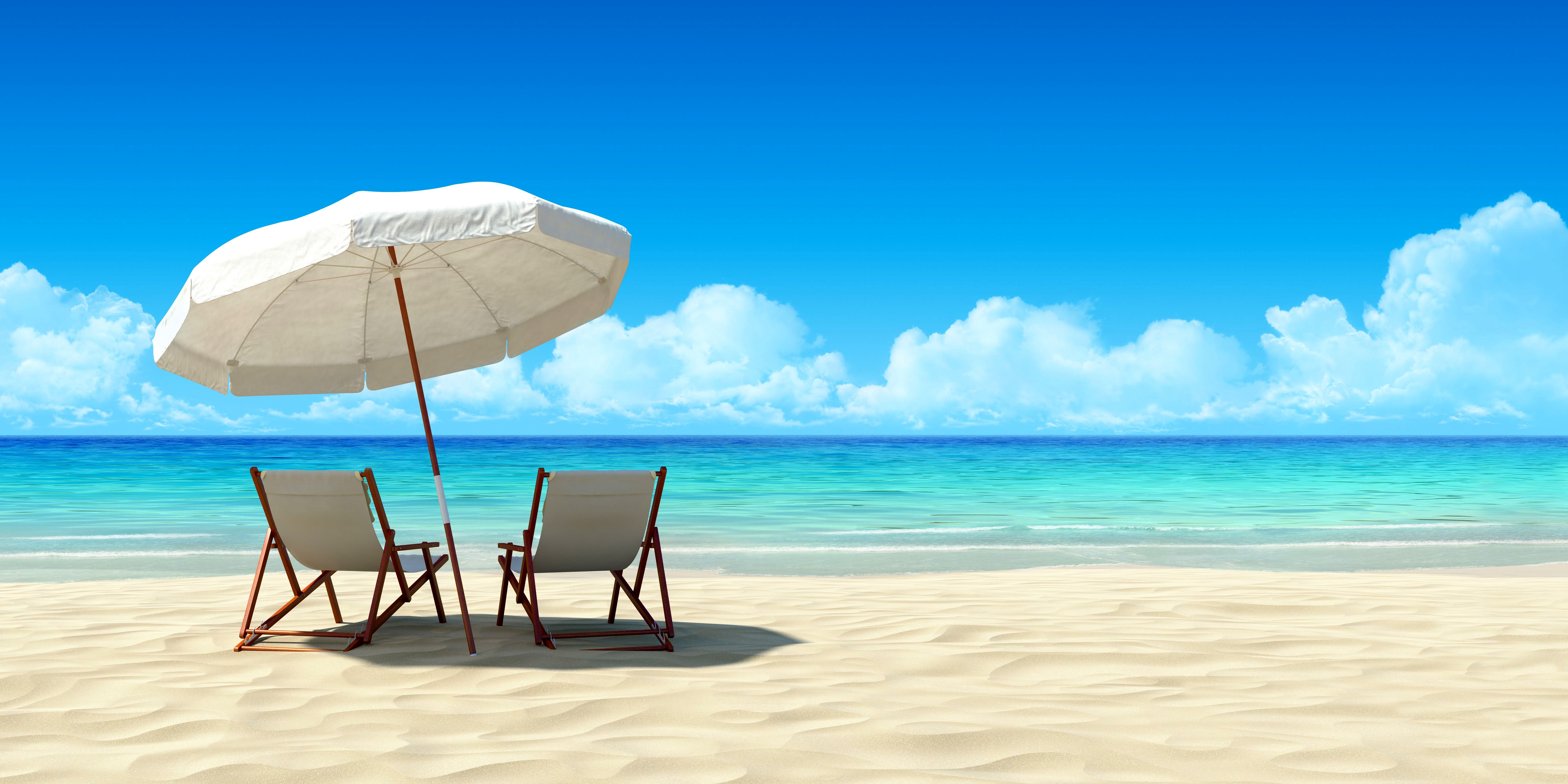 Обои песок, лежаки, зонтик, sand, sunbeds, umbrella разрешение 7000x3500 Загрузить